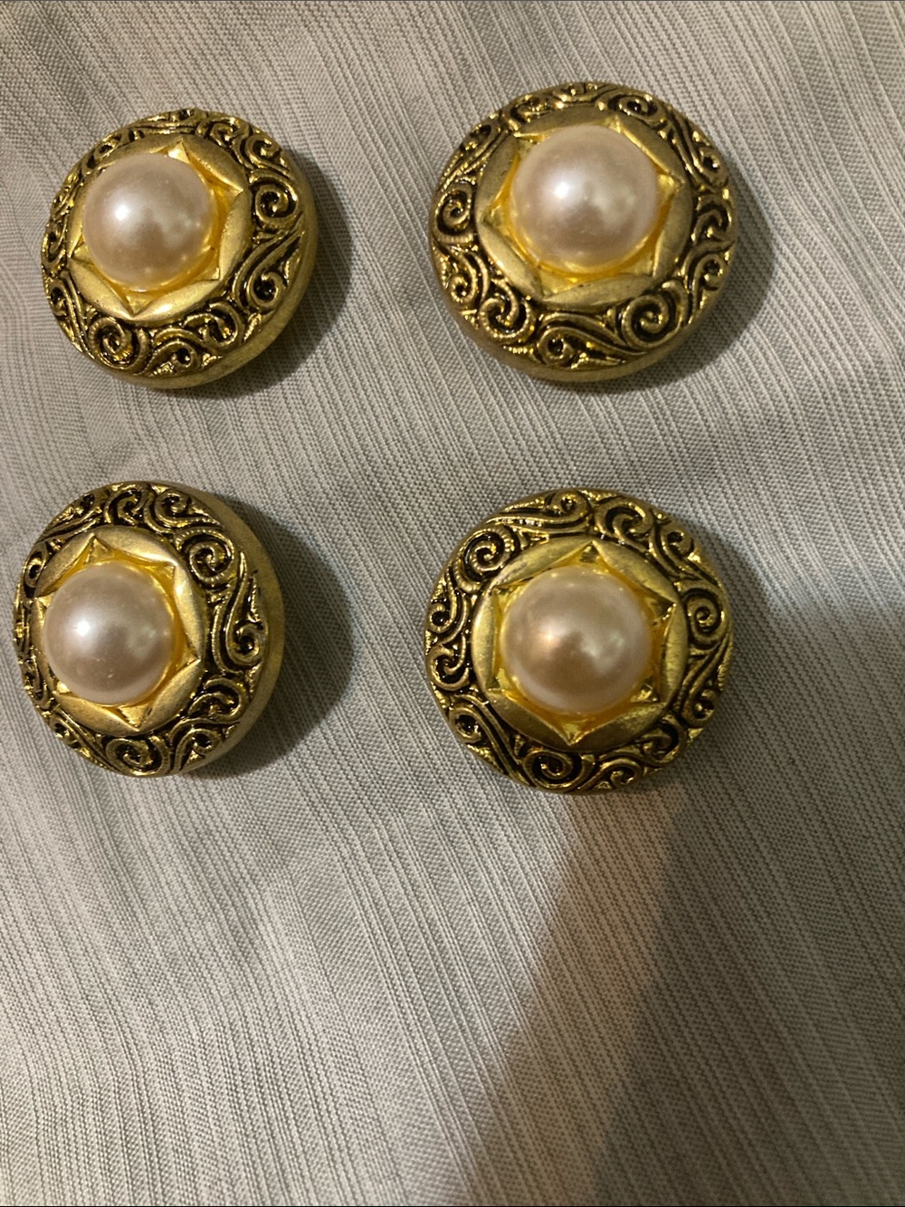Vintage GUC Goldtone Button Covers with  Central Faux Pearl Cabochons.